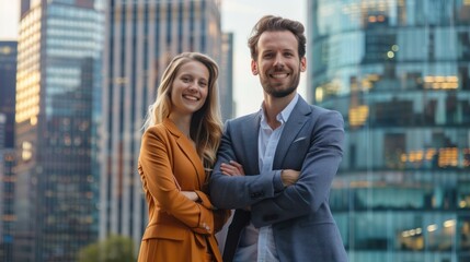 Business partners standing together with arms crossed, smiling at the camera with a city skyline or office backdrop, representing a strong and successful partnership.