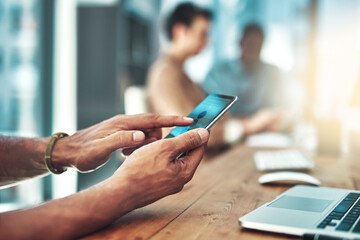 Fototapeta premium Business, hands and man with smartphone, typing and financial advisor with online reading, investment and connection. Closeup, person or trading with cellphone, digital app or accounting with texting