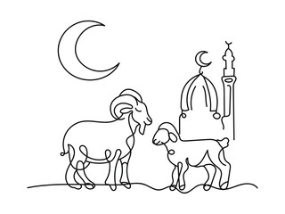 one line art Hand drawing muslim holiday sacrifice an animal to god eid al adha concept vector illustration