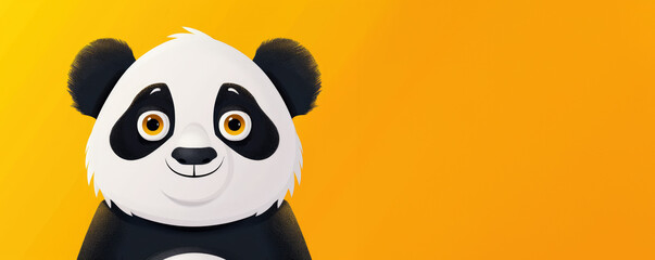 Fototapeta premium Panda, flat style illustration with a yellow background. Cartoon character design for a children's book cover. With copy space