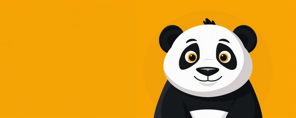 Fototapeta premium Panda, flat style illustration with a yellow background. Cartoon character design for a children's book cover. With copy space