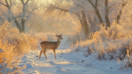 Deer standing in a snowy forest during winter