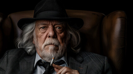 Elderly Man with a Gray Beard and Hat Smoking a Cigarette Capturing the Intricate Details of His Wrinkled Face and the Swirling Smoke in a Striking Portrait Wallpaper Digital Art Poster Brainstorming