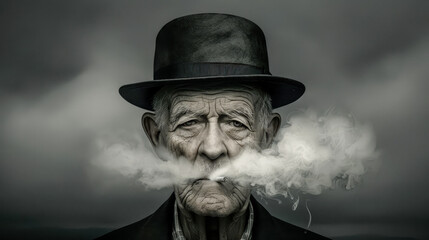 Elderly Man with a Gray Beard and Hat Smoking a Cigarette Capturing the Intricate Details of His Wrinkled Face and the Swirling Smoke in a Striking Portrait Wallpaper Digital Art Poster Brainstorming 
