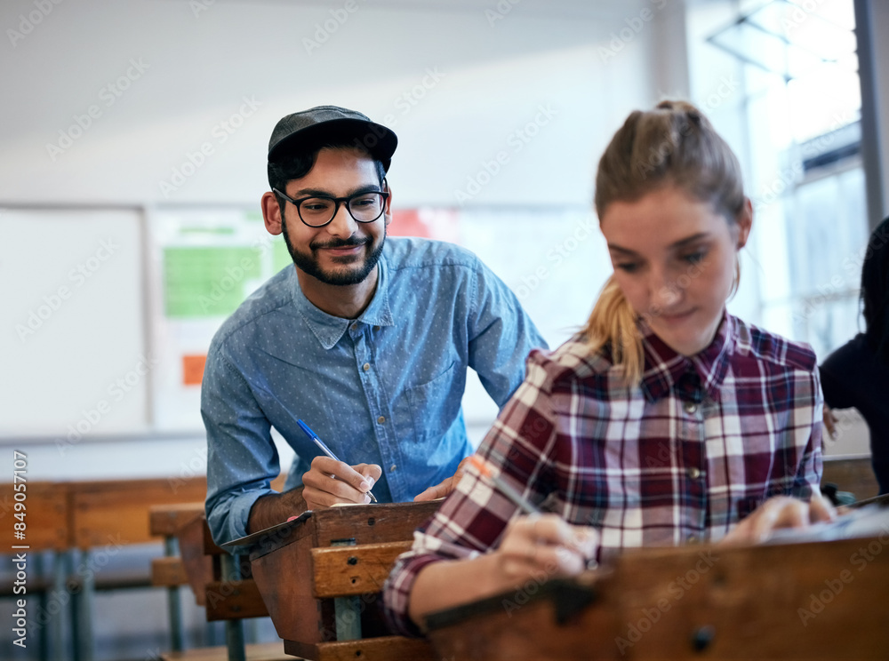 Fototapete students, learning and cheating for university as group in college or school in class for assignment