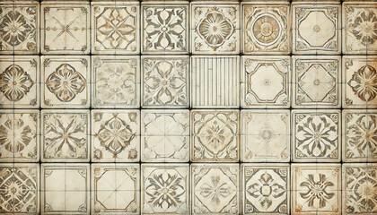 A seamless horizontal vintage tile texture wallpaper with slightly weathered white tiles