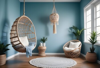 interior design style- reading nook with a hanging rattan chair, cozy floor pouf, and a macrame wall hanging
