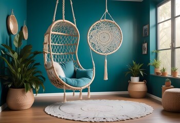 interior design style- reading nook with a hanging rattan chair, cozy floor pouf, and a macrame wall hanging