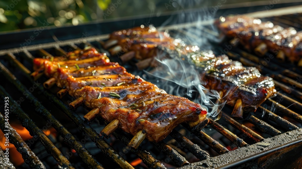 Poster Flavorful barbecue spare ribs cooked over charcoal grill during sunny season Delightful seasonal fare