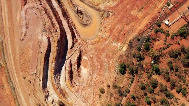 Australian outback red soil ground surface at copper mine site &ndash; aerial 4k flying.
