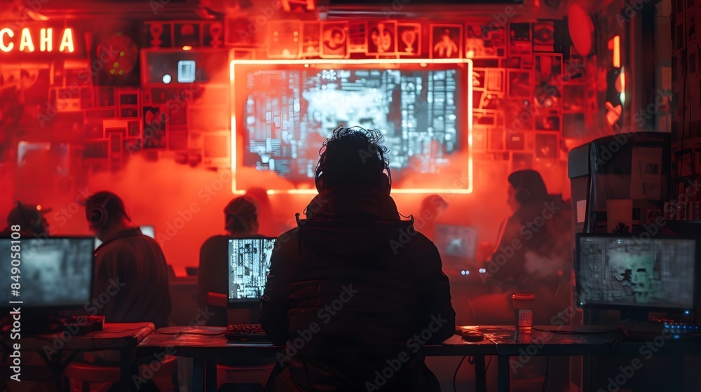 Poster covert hacker conducting clandestine in cyber cafe workspace