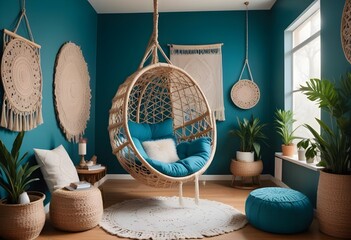 interior design style- reading nook with a hanging rattan chair, cozy floor pouf, and a macrame wall hanging