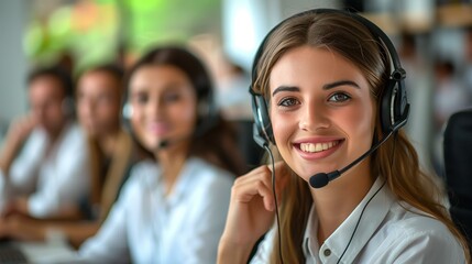 Customer service representative smiling talking on phone with customer in call center office, professional assistance