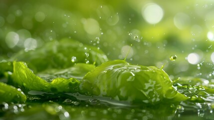 Green algae in motion on green blurred background, ecology biofuel gasoline industry