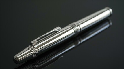Bespoke sterling silver pen reflecting on black surface, metal stylish craft handmade