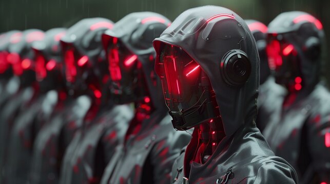 Group faceless cyborgs wearing black cloaks glowing red eyes botnet cyber security, future connection artificial intelligence