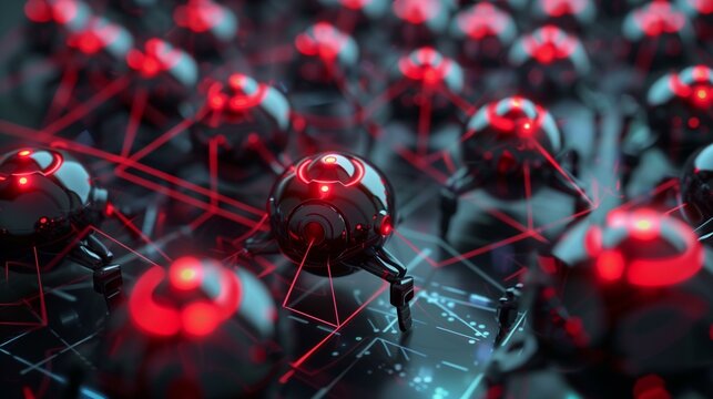 Network connected black red spheres botnet cyber security, privacy data