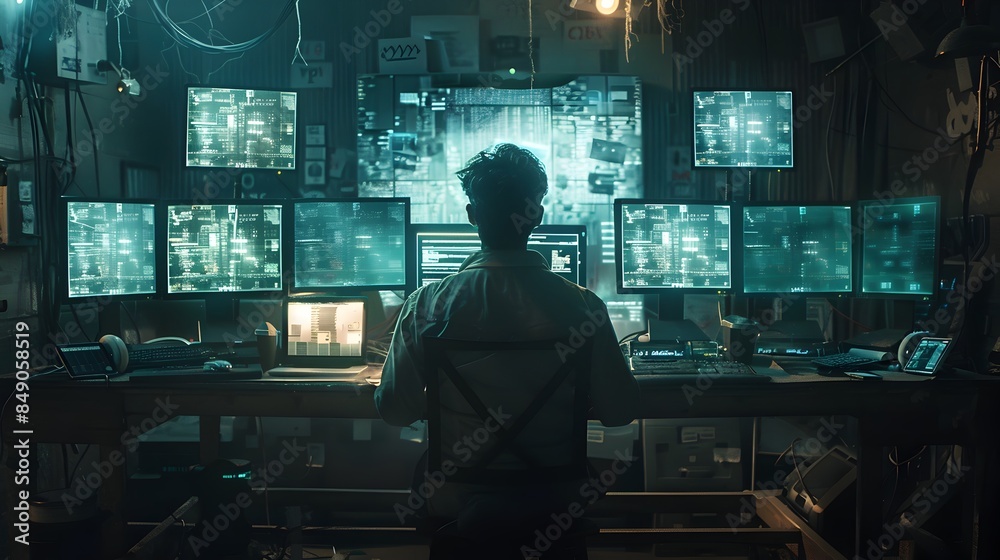 Poster hacker in dimly lit room monitoring multiple security breaches on screens