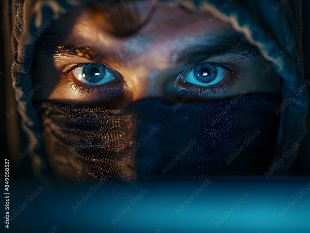 Poster intense gaze of a partially obscured hacker peering intently at a computer screen
