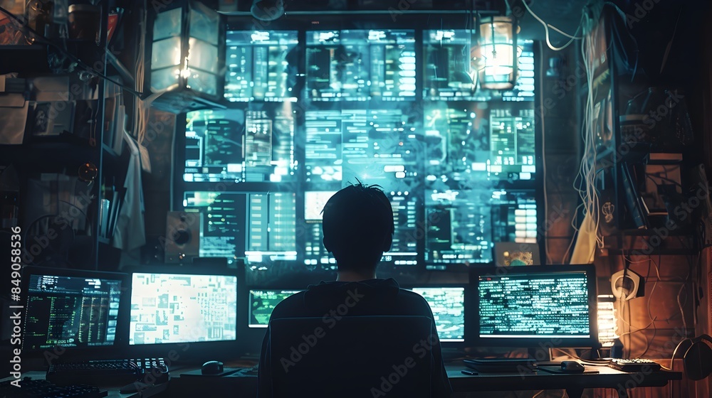 Poster hacker monitoring multiple screens displaying code and security breaches in dimly lit room