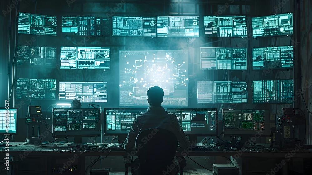 Poster hacker in a dimly lit room surrounded by multiple screens displaying code and security breaches