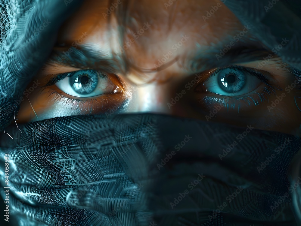 Poster obscured face of an intense hacker focused on computer screen