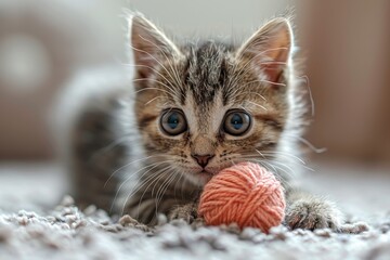 Baby Kitten: A tiny kitten with big eyes, playing with a ball of yarn indoors. 