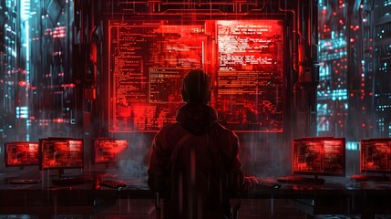 Hacker in Dimly Lit Room Navigating Screens of Cybersecurity Breaches