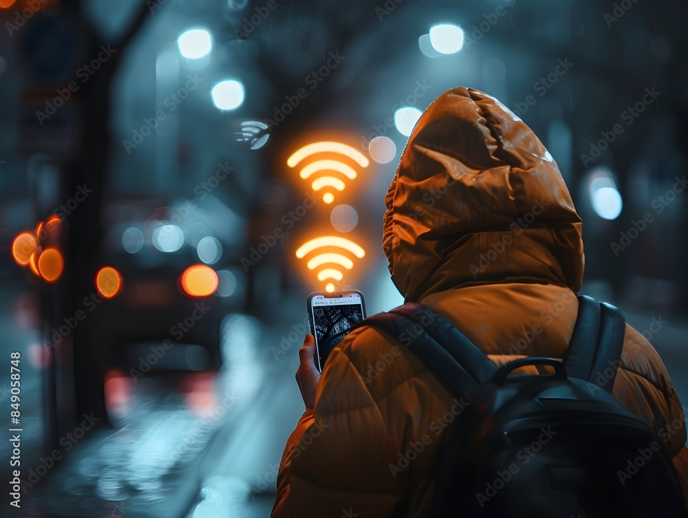 Poster hacker using smartphone to breach wireless network successful access displayed on screen in futurist