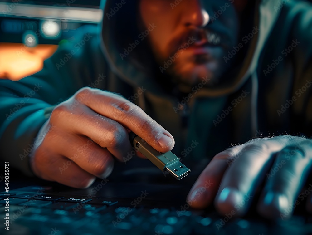 Poster hacker plugging usb stick into computer symbolizing cybercrime and data
