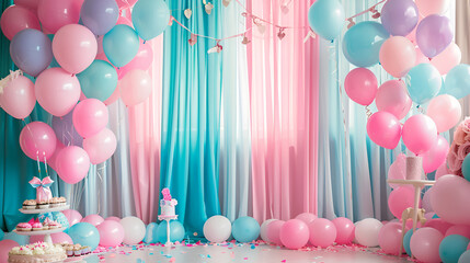 A room full of colorful balloons and confetti happy birthday card template with in the background
