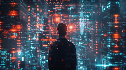 Fototapeta premium Hacker Circumventing Encrypted Digital Security Barriers Through Holographic Screens