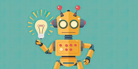 Cute Robot with Glowing Lightbulb Idea