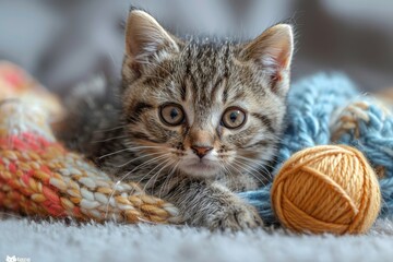 Naklejka premium Baby Kitten: A tiny kitten with big eyes, playing with a ball of yarn indoors. 