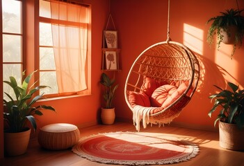 interior design style- reading nook with a hanging rattan chair, cozy floor pouf, and a macrame wall hanging