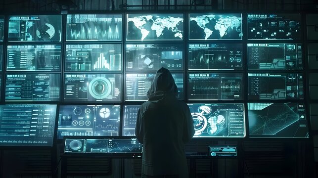 Hacker Accessing Top Secret Government Database Decrypting Classified Information on Screen - Powered by Adobe