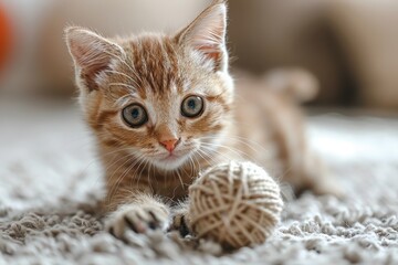Obraz premium Baby Kitten: A tiny kitten with big eyes, playing with a ball of yarn indoors. 