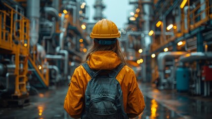 A worker in a yellow helmet and jacket stands with their back towards the camera looking at industrial machinery