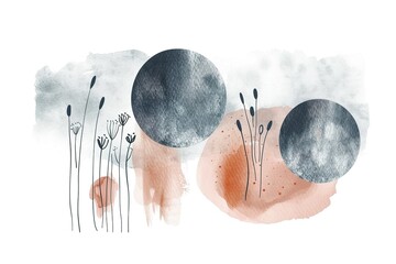Evocative watercolor painting blending muted earth tones with whimsical botanical details, featuring delicate floral elements amidst abstract forms for serene decor. Poster, print.