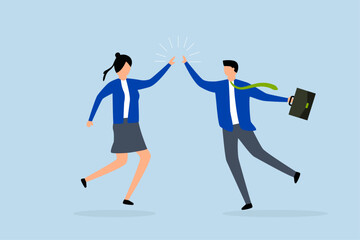 Team success winners, happy businessman and woman teamwork colleagues jumping and hi five clapping hands.