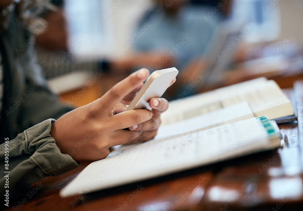 Poster Hands, school and university with phone for research, reading message on mobile app in classroom. Student, college or social media with education or learning, scroll for news story with technology