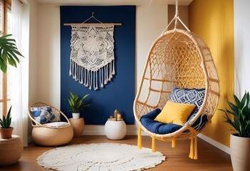 interior design style- reading nook with a hanging rattan chair, cozy floor pouf, and a macrame wall hanging