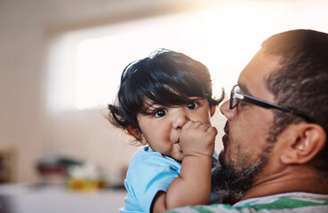 Man, family and baby embrace at house with bonding, love and trust in safety growth on weekend....