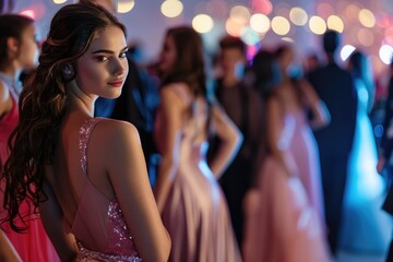 Young Caucasian teenage girl all dressed up pink dress prom dances party glamour