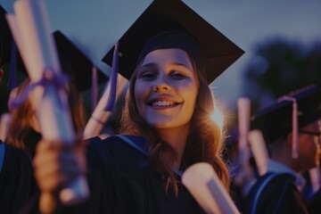 Graduate Caucasian girl smiling showing diploma wearing black graduation cap mantle evening night outdoor proud