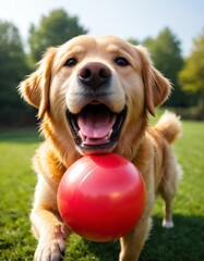 A cheerful golden retriever with a red ball in its mouth, enjoying playtime outdoors in a green park. The dog's joyful expression and vibrant setting make this image perfect for themes of happiness