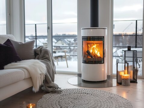 Penthouse in arctic with cosy interieur and a white stove with fire, with cosy atmosphere
