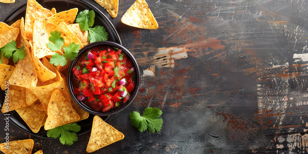 Wall mural nachos with fresh salsa. a delicious plate of crispy nachos served with a bowl of fresh salsa, garni