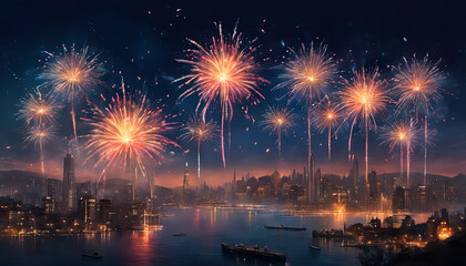 Fototapeta premium dazzling bursts of colorful lights in the night sky