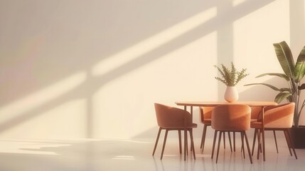 Fototapeta premium Minimalist dining room with four chairs, a wooden table and potted plants. Sunlight streams through the window, casting shadows on the white wall.